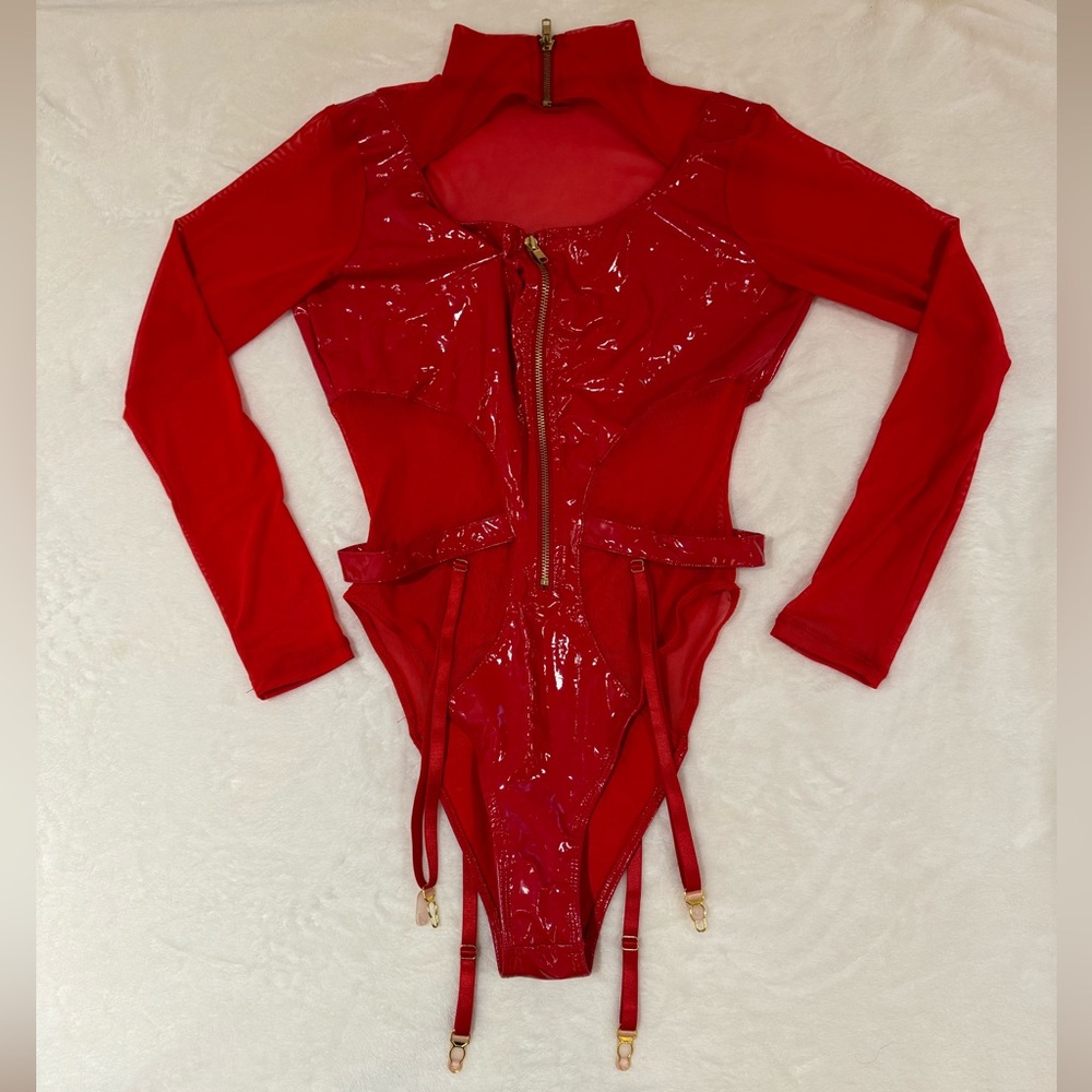 Sexy Red Latex Mesh Lingerie Playsuit Bodysuit Stockings included!